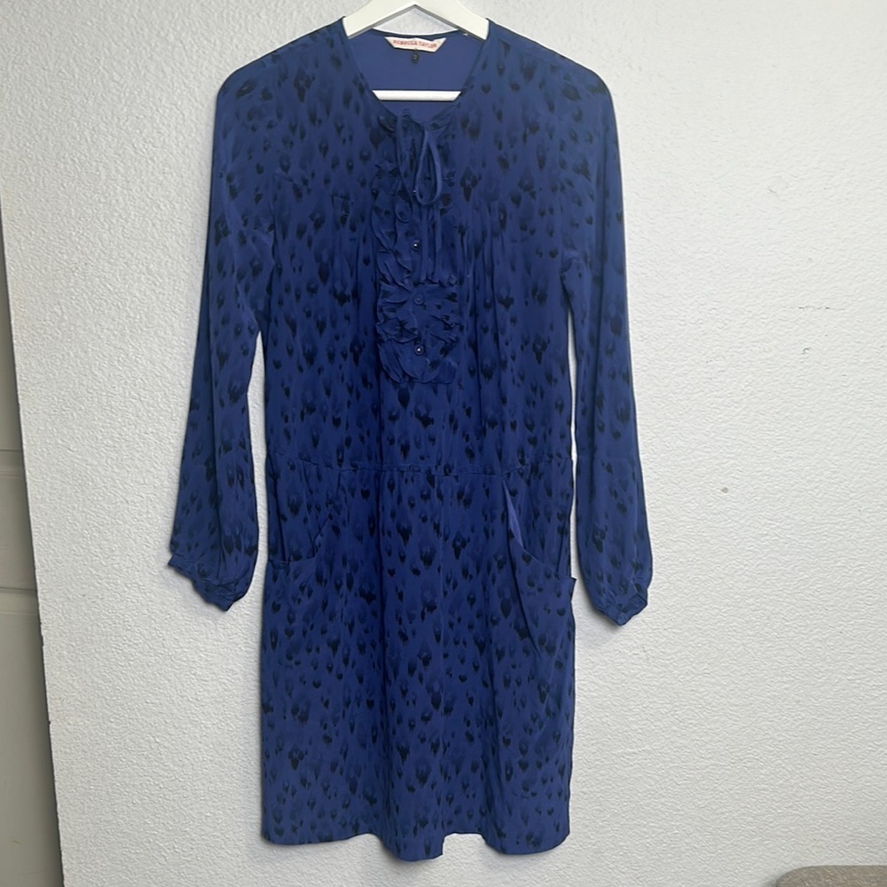 Rebecca Taylor Blue 100% Silk Long Sleeve Midi Dress Womens Size 2 Front Pockets
